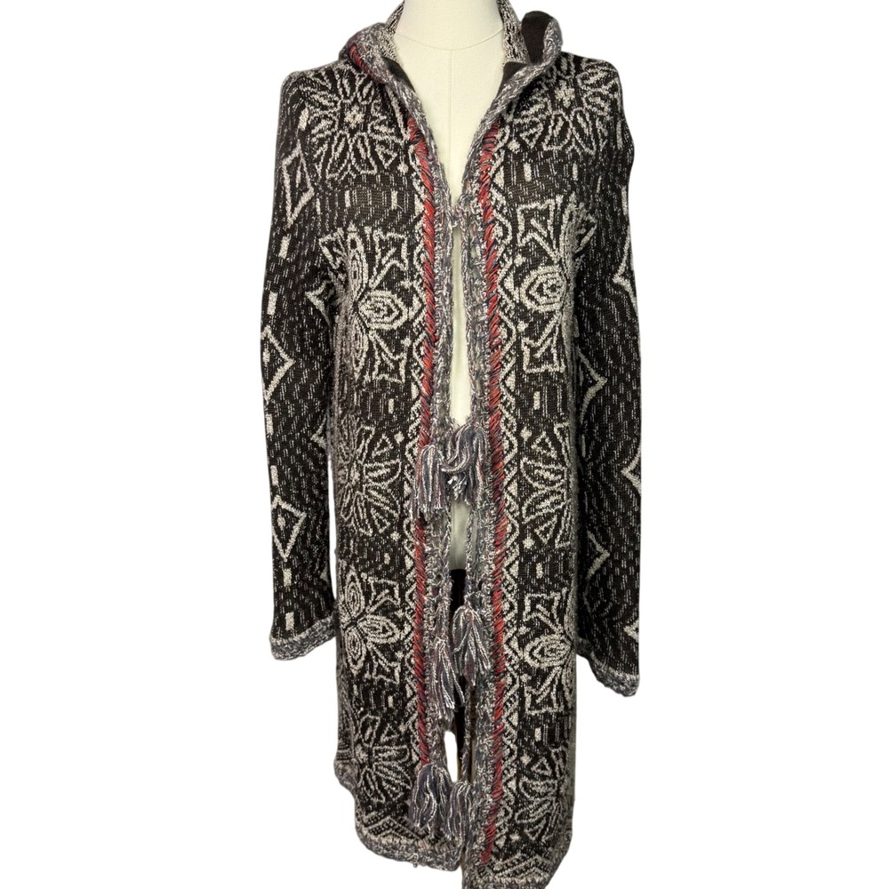 Free People Long Hooded Cardigan Intarsia Knit Tassel Duster Black Cream L